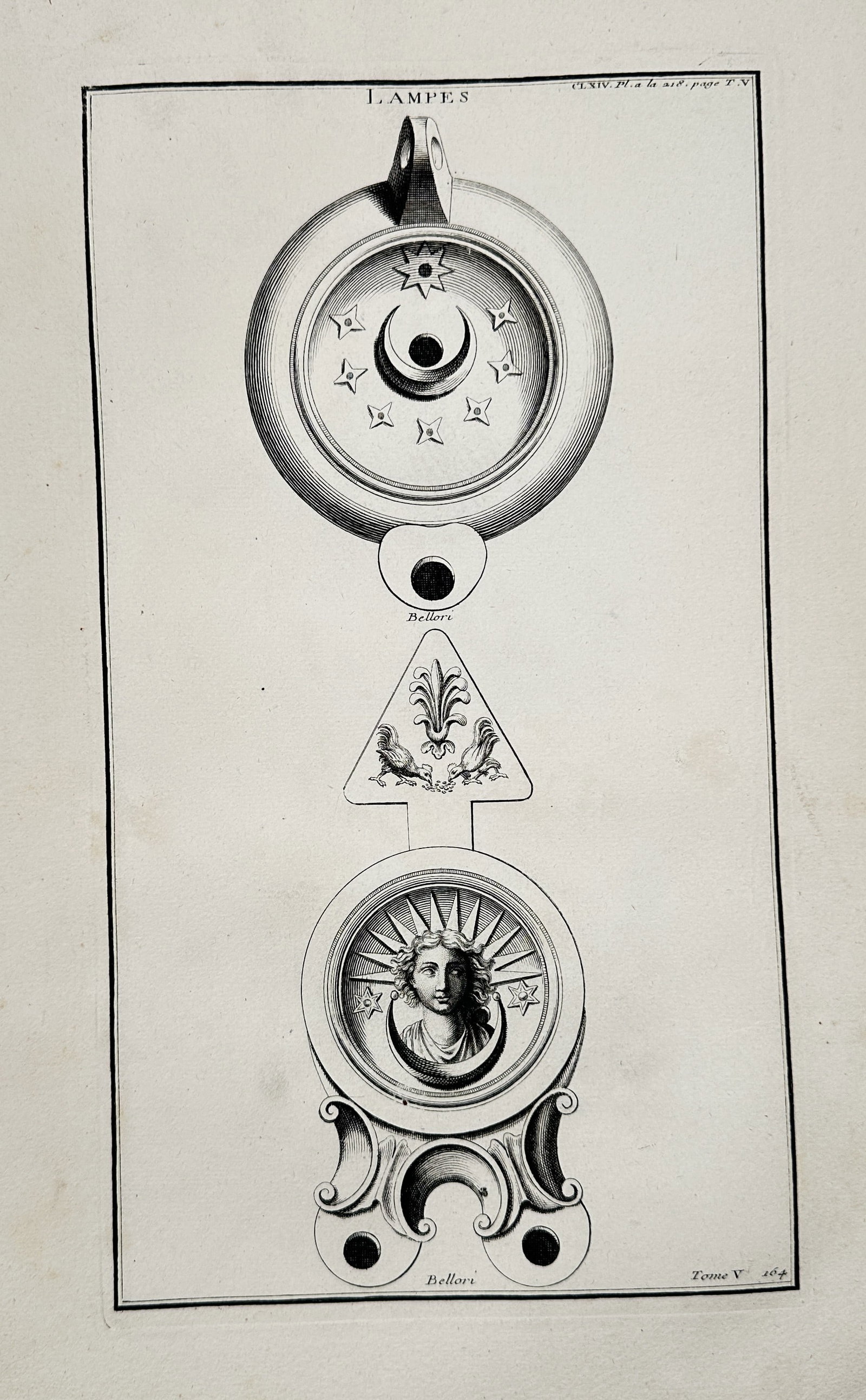 Bernard de Montfaucon – Ancient Roman Oil Lamps with Celestial and Solar Motifs – Engraving (1 of 2)