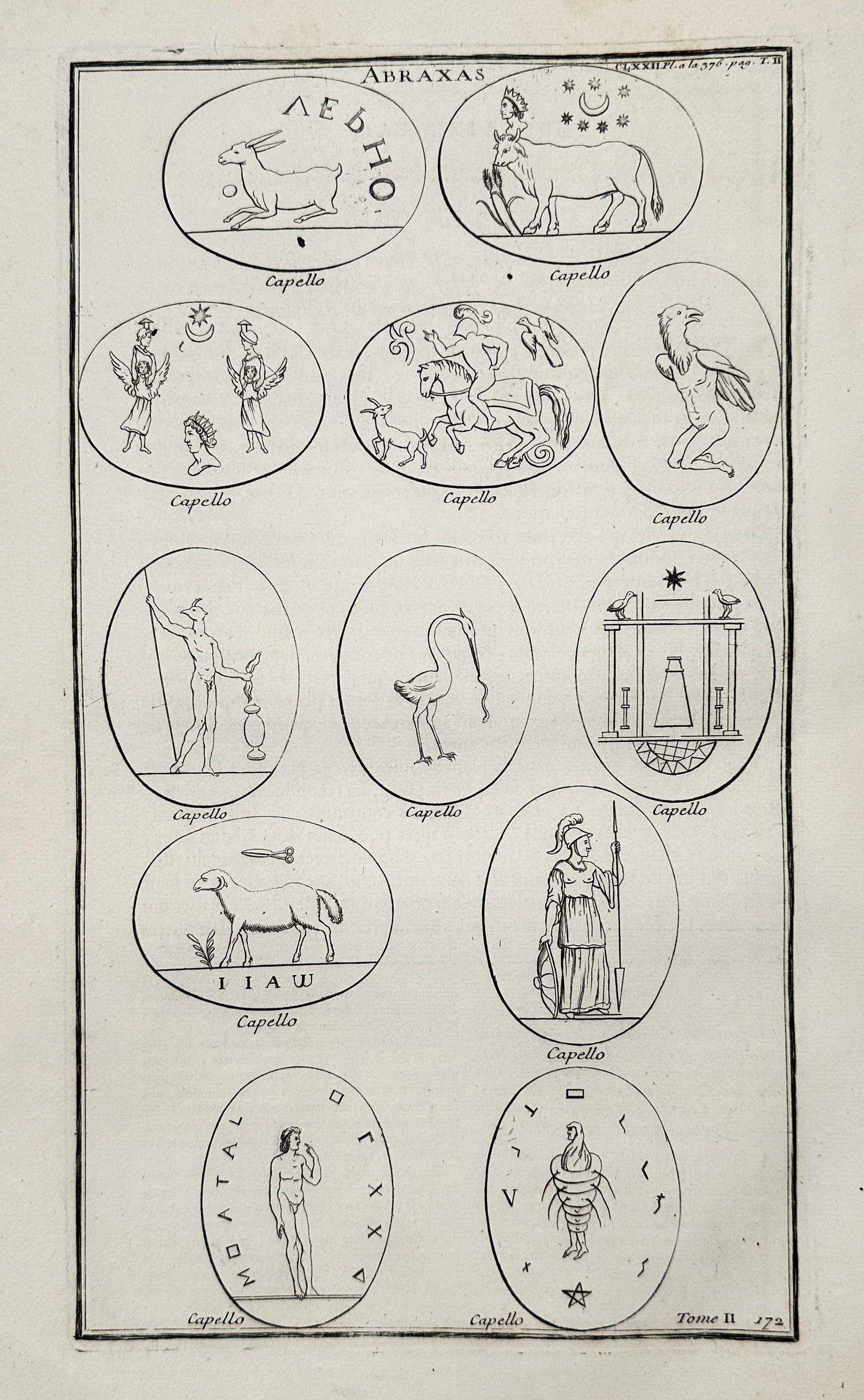 Bernard de Montfaucon – Abraxas Gems from the Capello Collection – Copperplate engraving: This copperplate engraving depicts a series of Gnostic gems, known as Abraxas stones, featuring symbolic imagery such as the cock-headed anguipede and other mystical figures. The print originates from