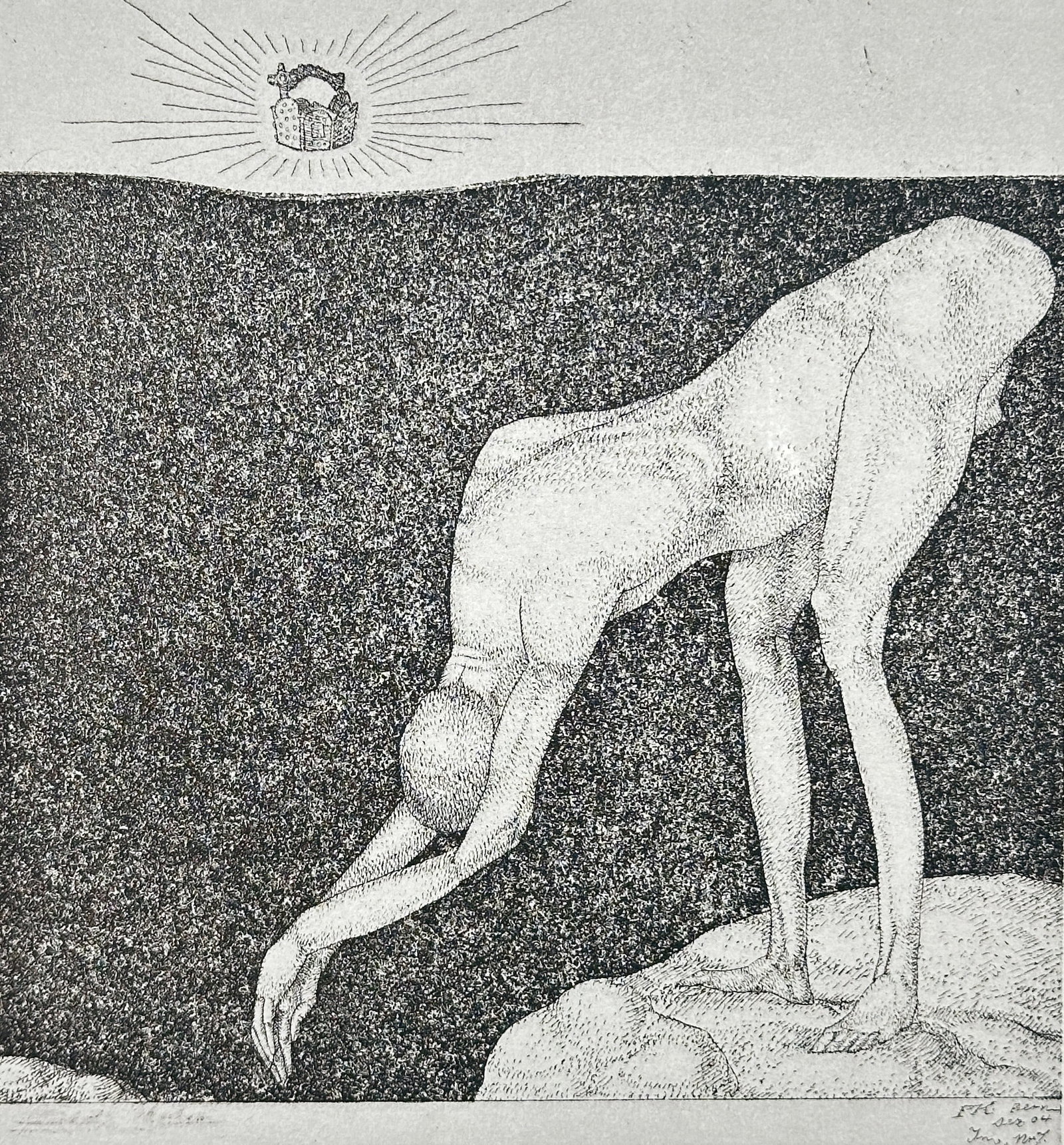 Paul Klee (1879–1940) – Crown Mania – Etching (1904): This etching depicts an emaciated, elongated nude figure bending deeply over a dark, stippled abyss, reaching out while a small, luminous crown radiates light from above. The print is an early, symbol