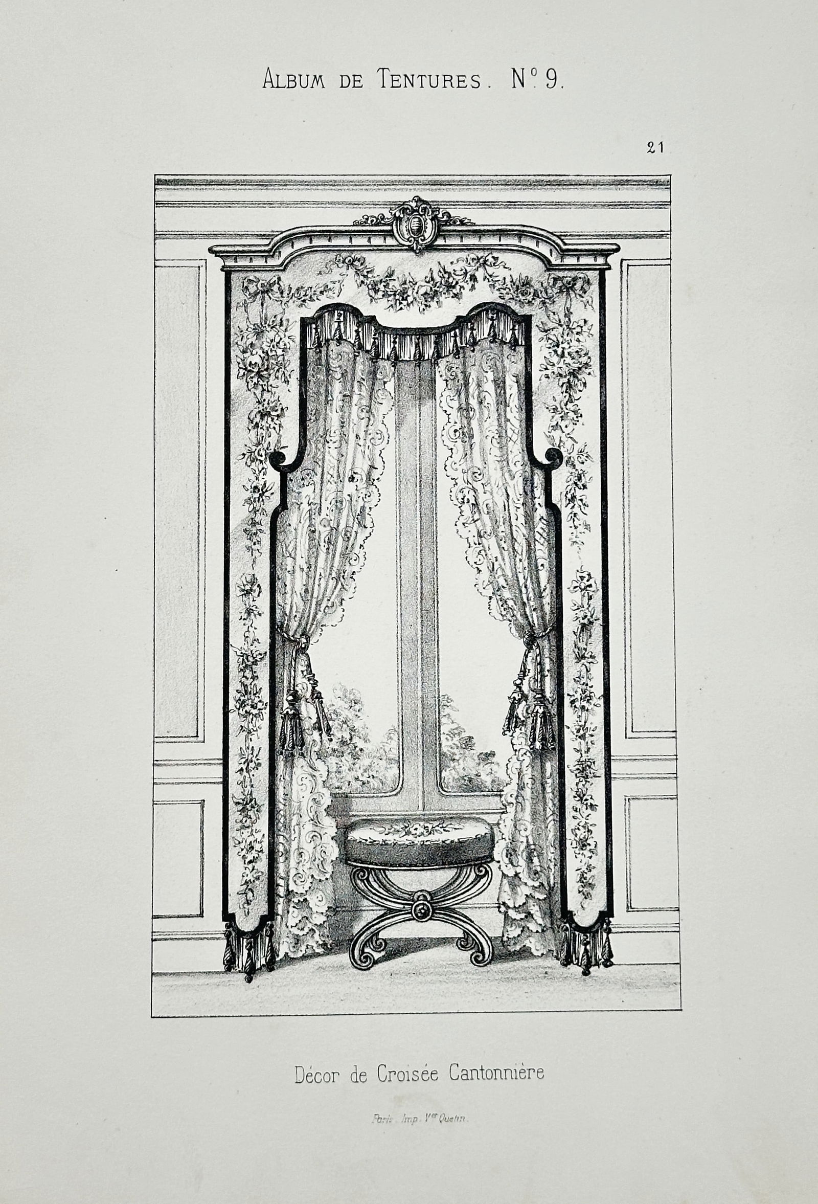 Victor Quetin – Album of Draperies: Decorative Casement Window Curtain – Engraving: This illustration depicts an intricate window treatment (Décor de Croisée Cartonnière), for a casement window. The design features layered draperies, including a heavy outer curtain tied back with