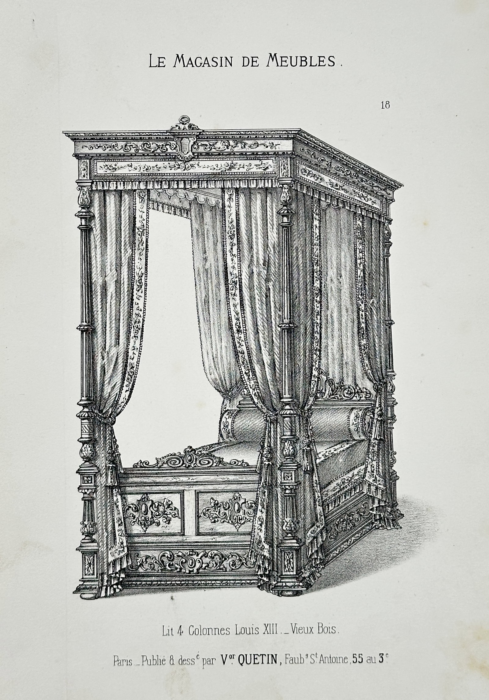 Victor Quetin – Furniture Store: Louis XIII Four-Poster Bed – Engraving (19th Century) (1 of 2)