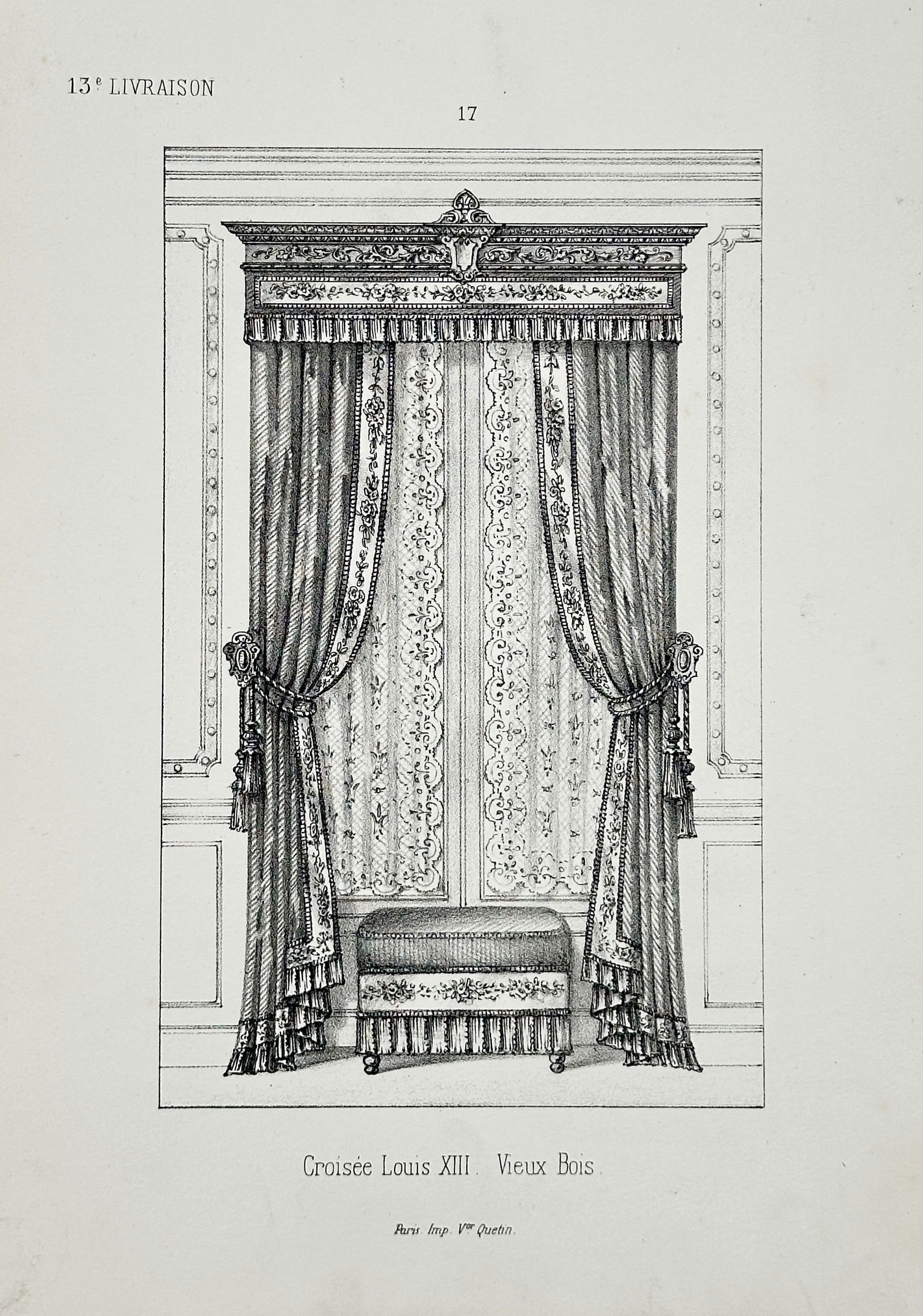 Victor Quetin – Louis XIII Style Window Treatment, Antique Woods – Engraving (19th Century): This illustration depicts a design for an elaborate window treatment (Croisée) executed in the Louis XIII style with antique woods (Vieux Bois), reflecting the revival styles popular in 19th-century