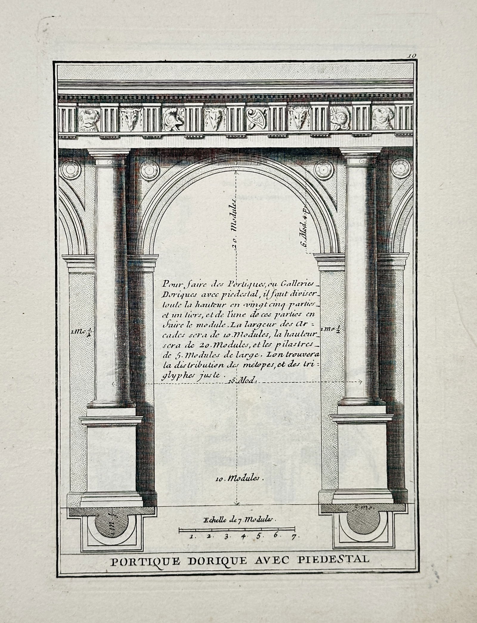 Giacomo Barozzi da Vignola – Doric Portico with Pedestal – Engraving (18th Century): This technical print illustrates the architectural elevation of a Doric portico where the columns and the arches they support are set upon pedestals (avec piédestal). The design adheres to the rigoro