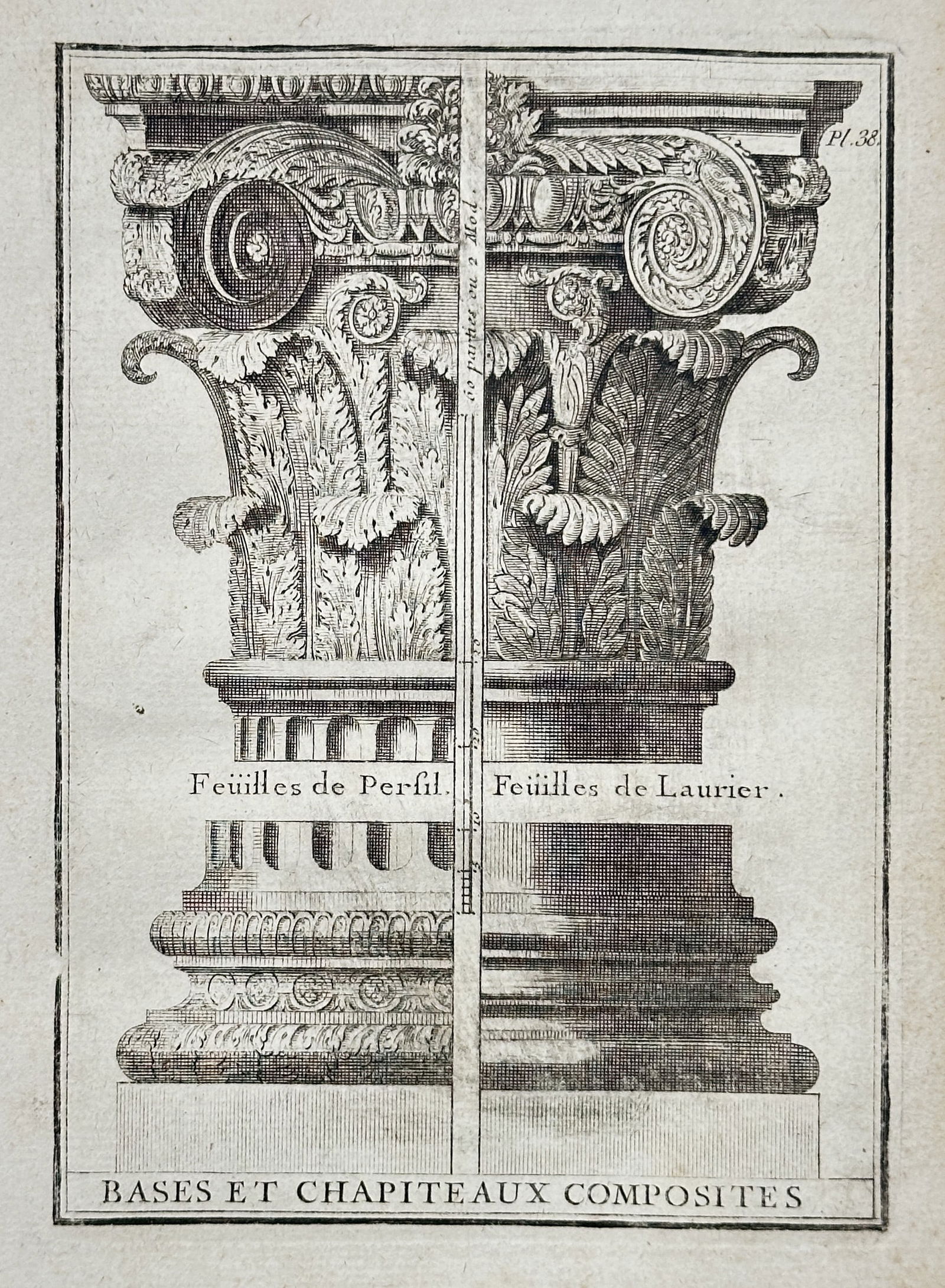 Giacomo Barozzi da Vignola – Composite Bases and Capitals – Engraving (18th Century) (1 of 2)