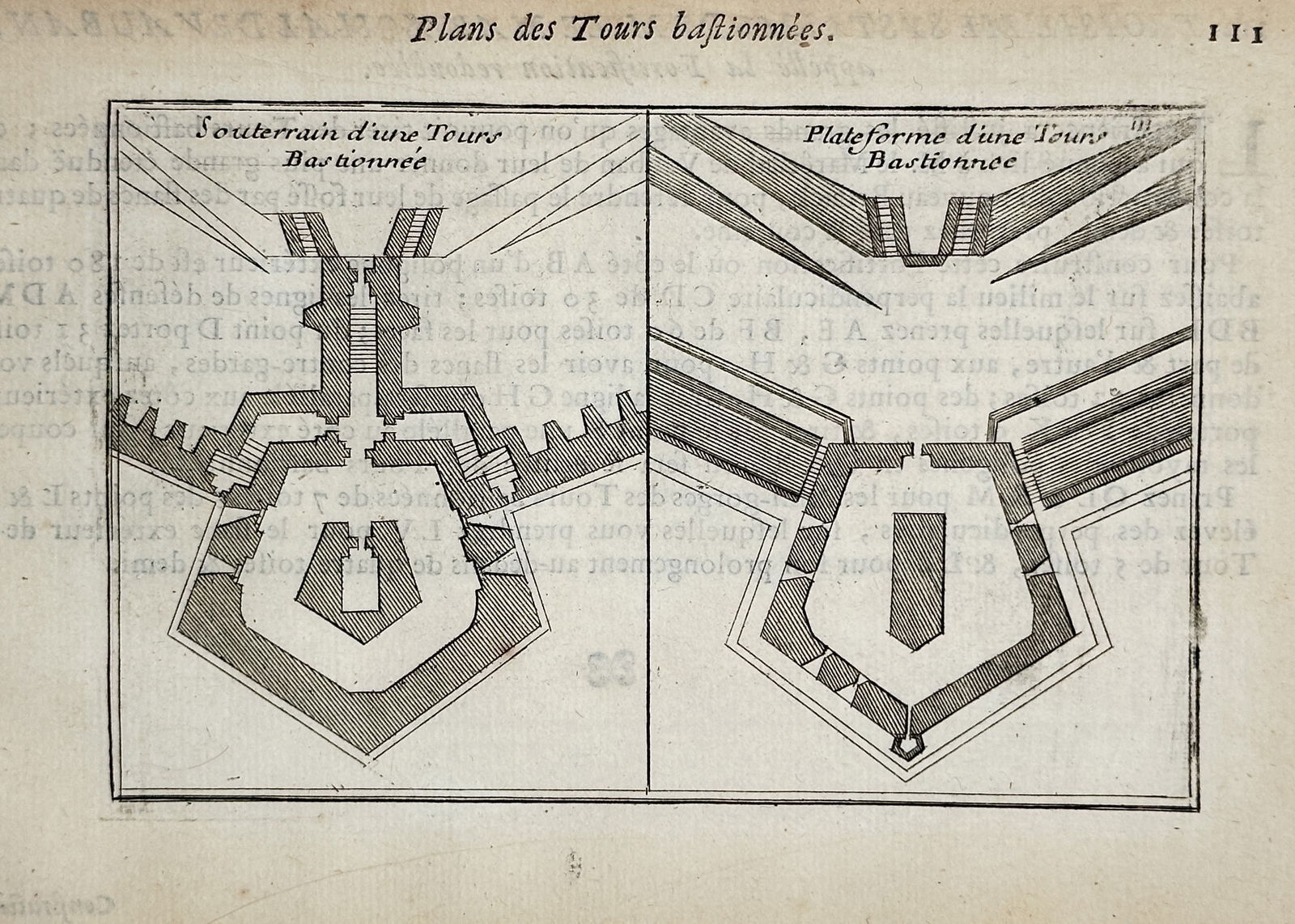 Herman Hugo – Plans of Bastioned Towers – Engraving (17th Century): This illustration is a military engineering diagram presenting two cross-sectional views for the construction of a bastioned tower (Tour Bastionnée), a defensive structure used in fortification. The