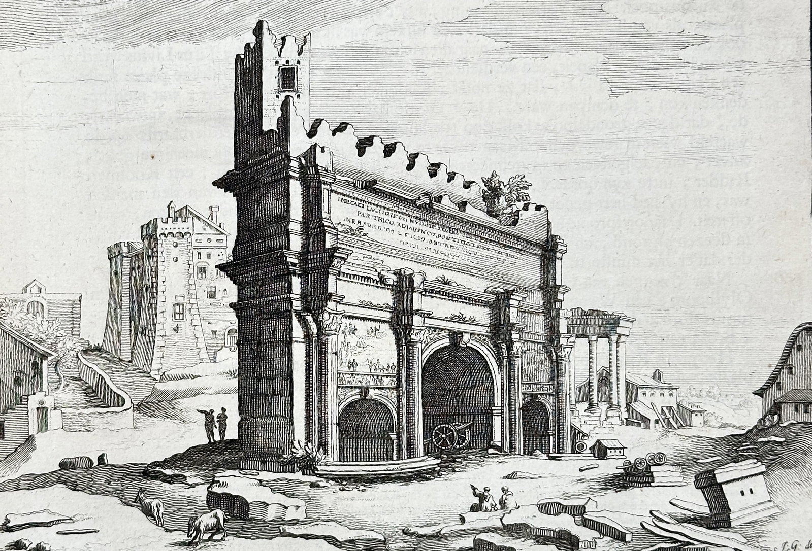 François Halma – Ruins of a Roman Arch or Gate (Arch of Janus, Rome) – Engraving: This is a page of Dutch text from the history of Rome, featuring an engraving that illustrates the imposing ruins of a Roman arch or gate, possibly the Arch of Janus, showing heavy stonework and archi
