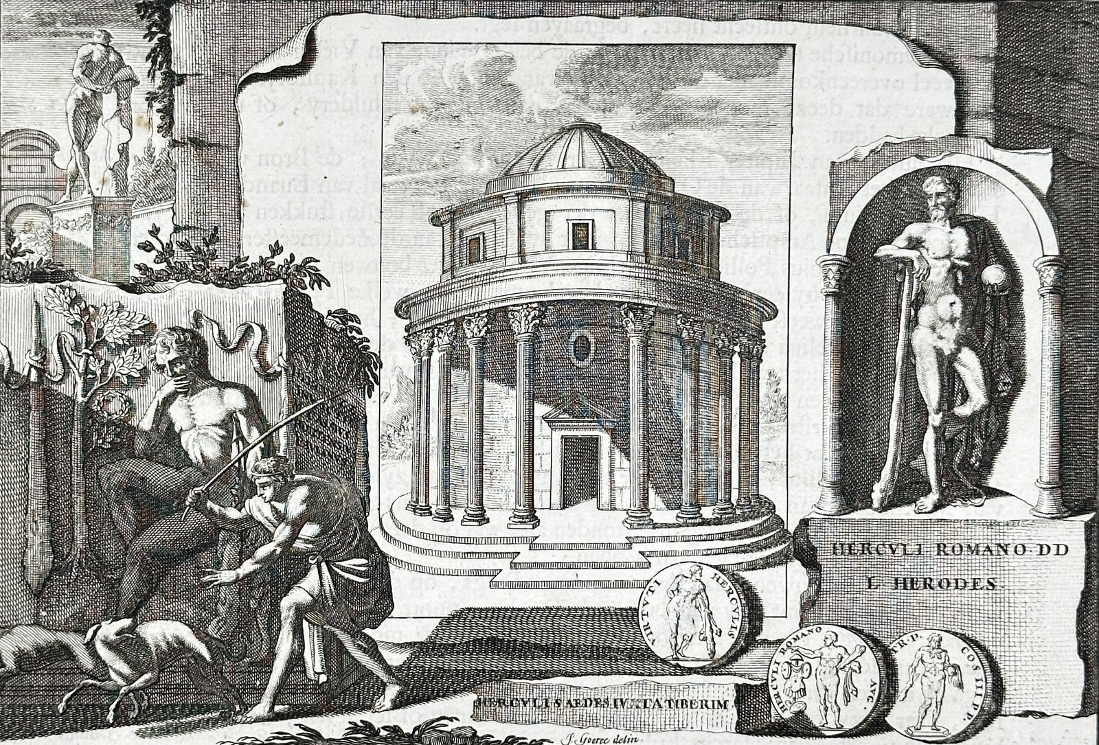 François Halma – Roman Antiquities, Temple of Vesta and Epitaph of Gaius Cestius – Engraving (1 of 3)
