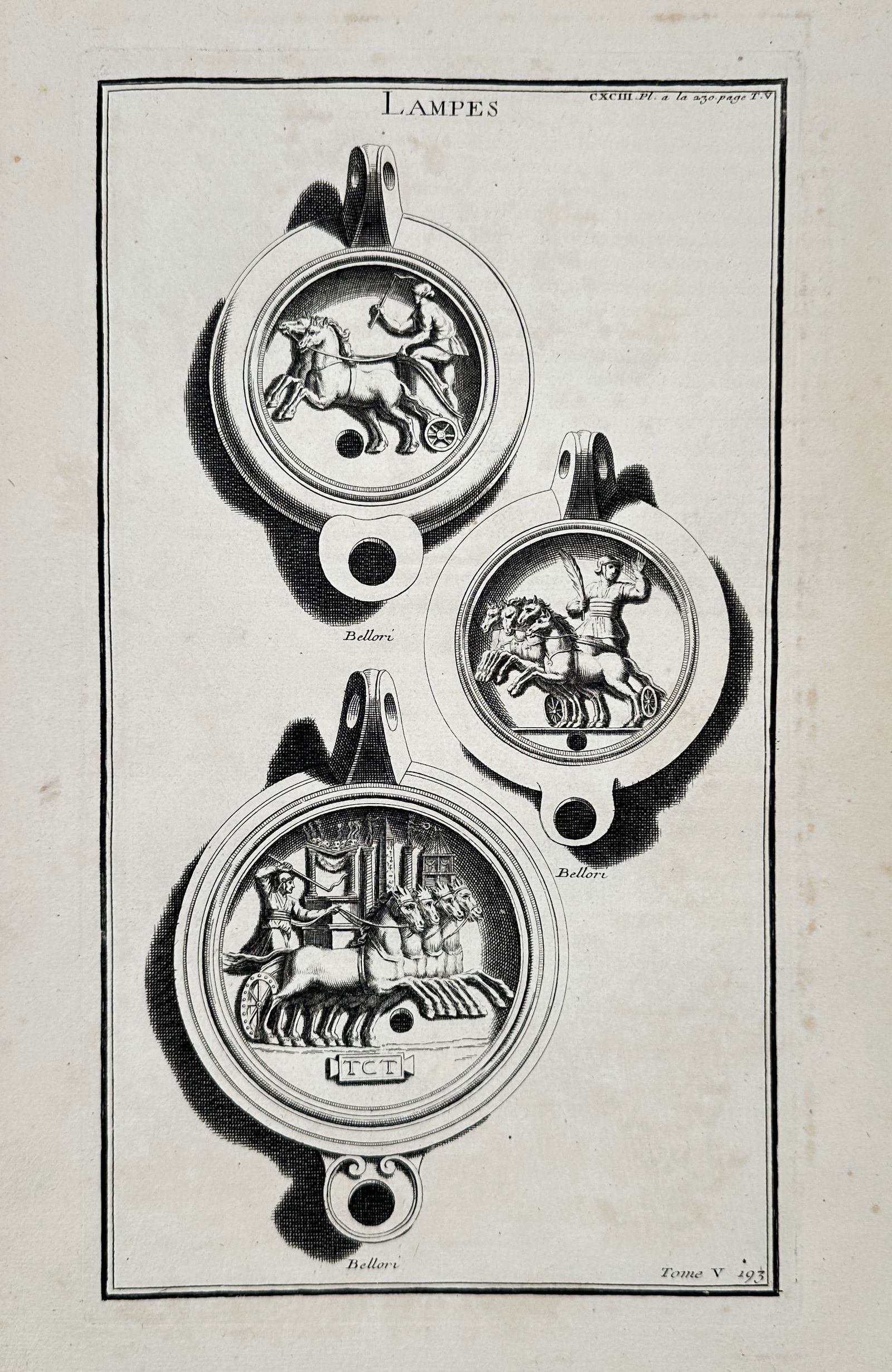 Bernard de Montfaucon – Ancient Roman Lamps Featuring Chariots and Wagons – Engraving (1 of 2)