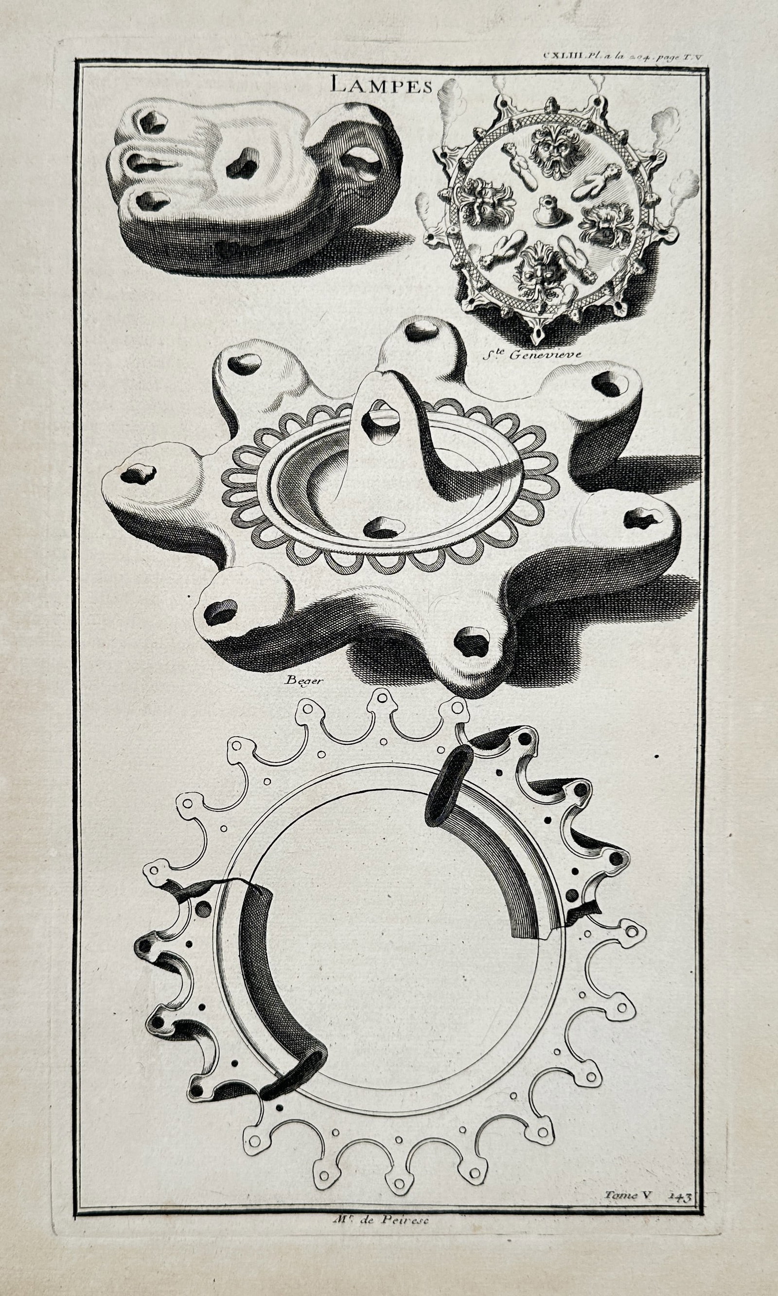 Bernard de Montfaucon – Ancient Roman Multi-Wick Oil Lamps and Designs – Engraving: This detailed engraving illustrates several highly complex, multi-wick ancient Roman oil lamps (Lampes). The central design is a large, ornate circular lamp with numerous wick spouts, shown alongside 