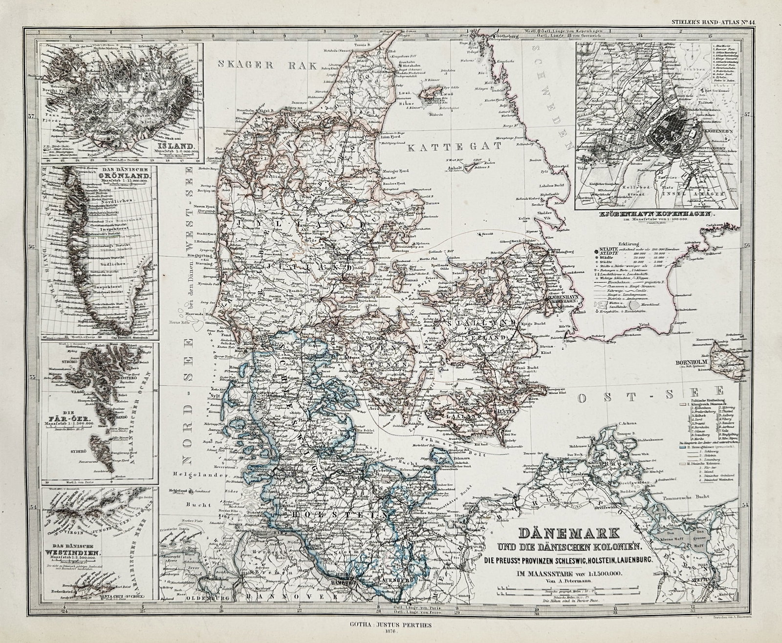 Adolf Stieler (1775–1836) – Map of Denmark, Schleswig-Holstein, and Danish Colonies: This large, detailed hand-colored engraving is a political and geographical map of Denmark, including the contested Duchies of Schleswig-Holstein and Lauenburg. The map also contains numerous inset ma