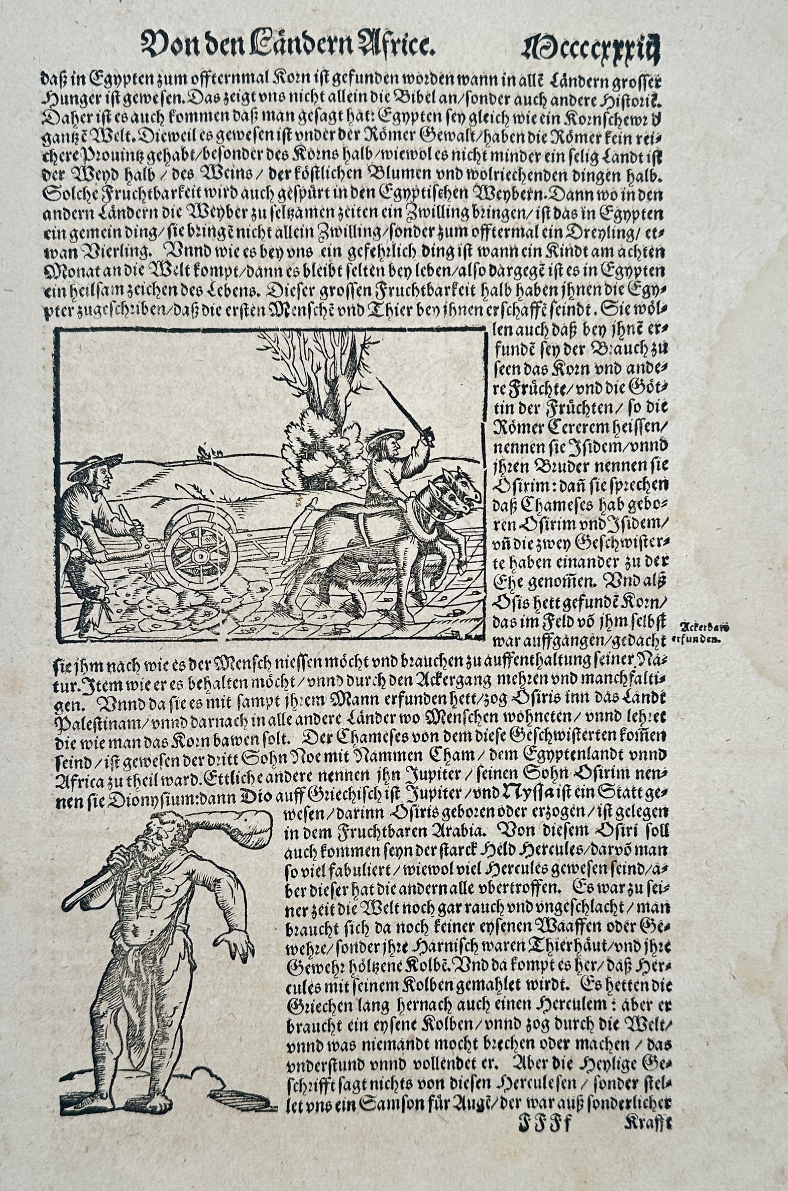Sebastian Münster – Printed Page with Woodcut Illustrations of African Fauna and People: This item is a printed text page in German Blackletter from Sebastian Münster's seminal world geography, Cosmographia. The page details the lands and peoples of Africa. The upper woodcut illustrates 
