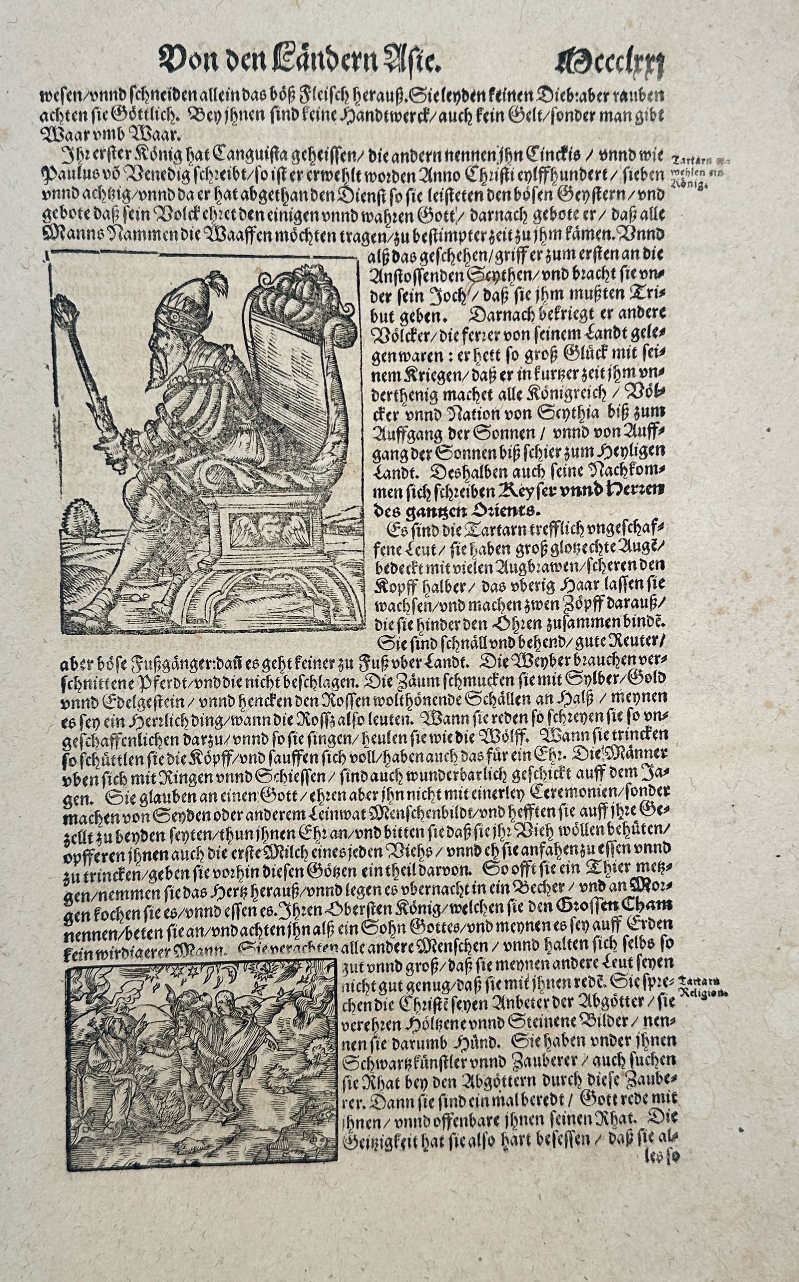 Sebastian Münster – Printed Page with Woodcut Illustrations of an Asian Ruler and Customs (1 of 3)