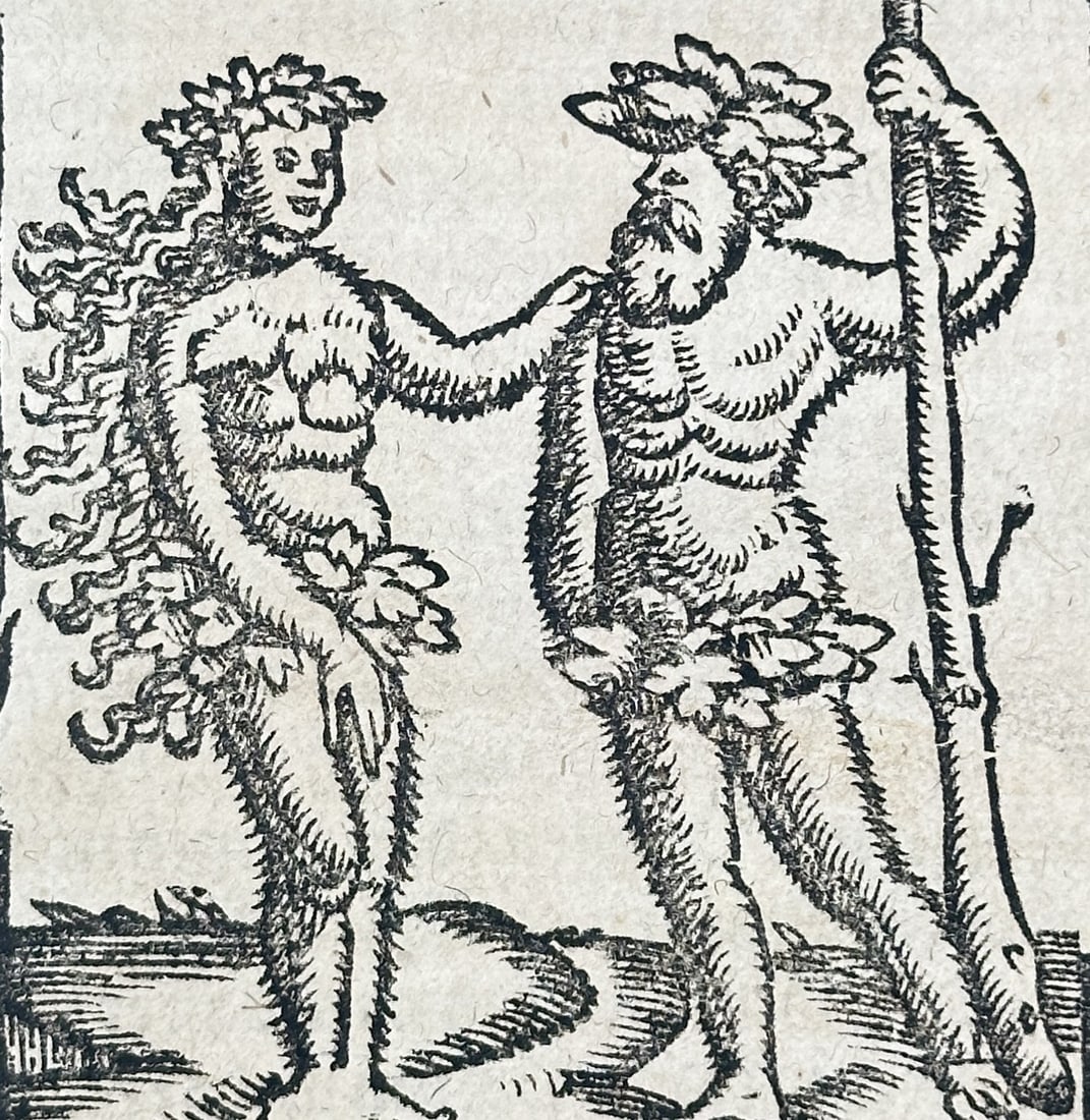 Sebastian Münster – Printed Page with Woodcut Illustration of the King and Queen of India: This item is a printed text page in German Blackletter from Sebastian Münster's historical and geographical encyclopedia, Cosmographia. The page presents the start of "The Fifth Book" and features a 