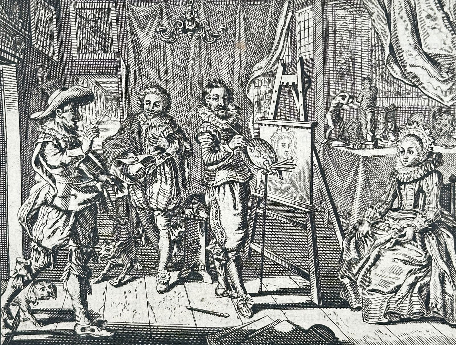 Jacob Cats – Printed Page with Engraving of the Bride/Wedding Scene – Engraving: This item is a printed page featuring a large copperplate engraving that illustrates a bridal or wedding-related scene. The image shows a group of figures, including the bride and groom (implied), gat