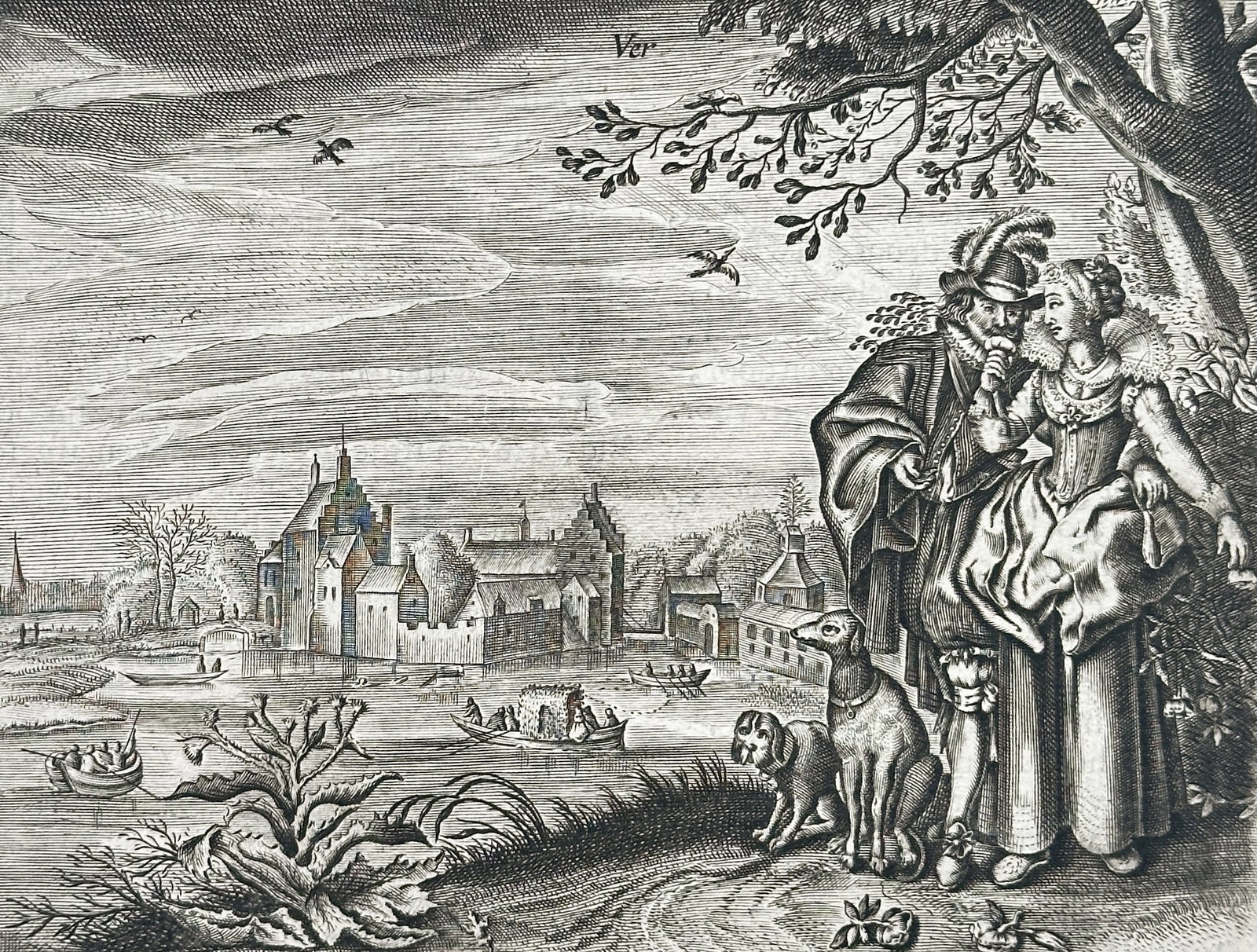 Jacob Cats – Printed Page with Title and Engraving for the Christian Wife Section – Engraving: This item is a printed text page serving as the title page for the "First Part of the Christian Wife," a section dedicated to the Bride. The page features a copperplate engraving illustrating the newl