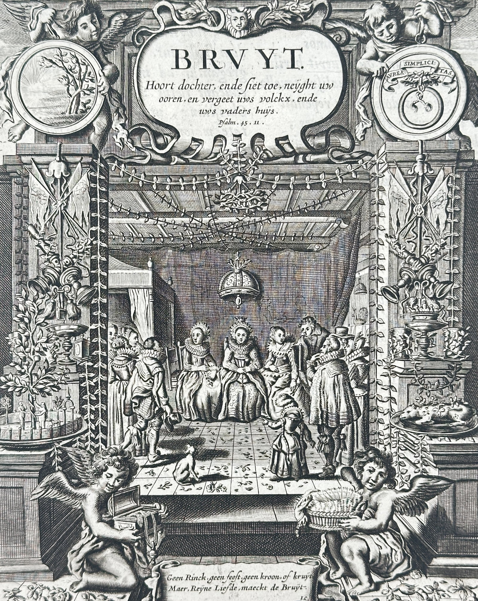 Jacob Cats – Divisional Title Page with Allegorical Engraving for The Bride – Engraving: This item is a printed page serving as the divisional title page for the Bride section within the "Third Part of Marriage" in the larger work, The Christian Housewife. The page features an ornate, lar
