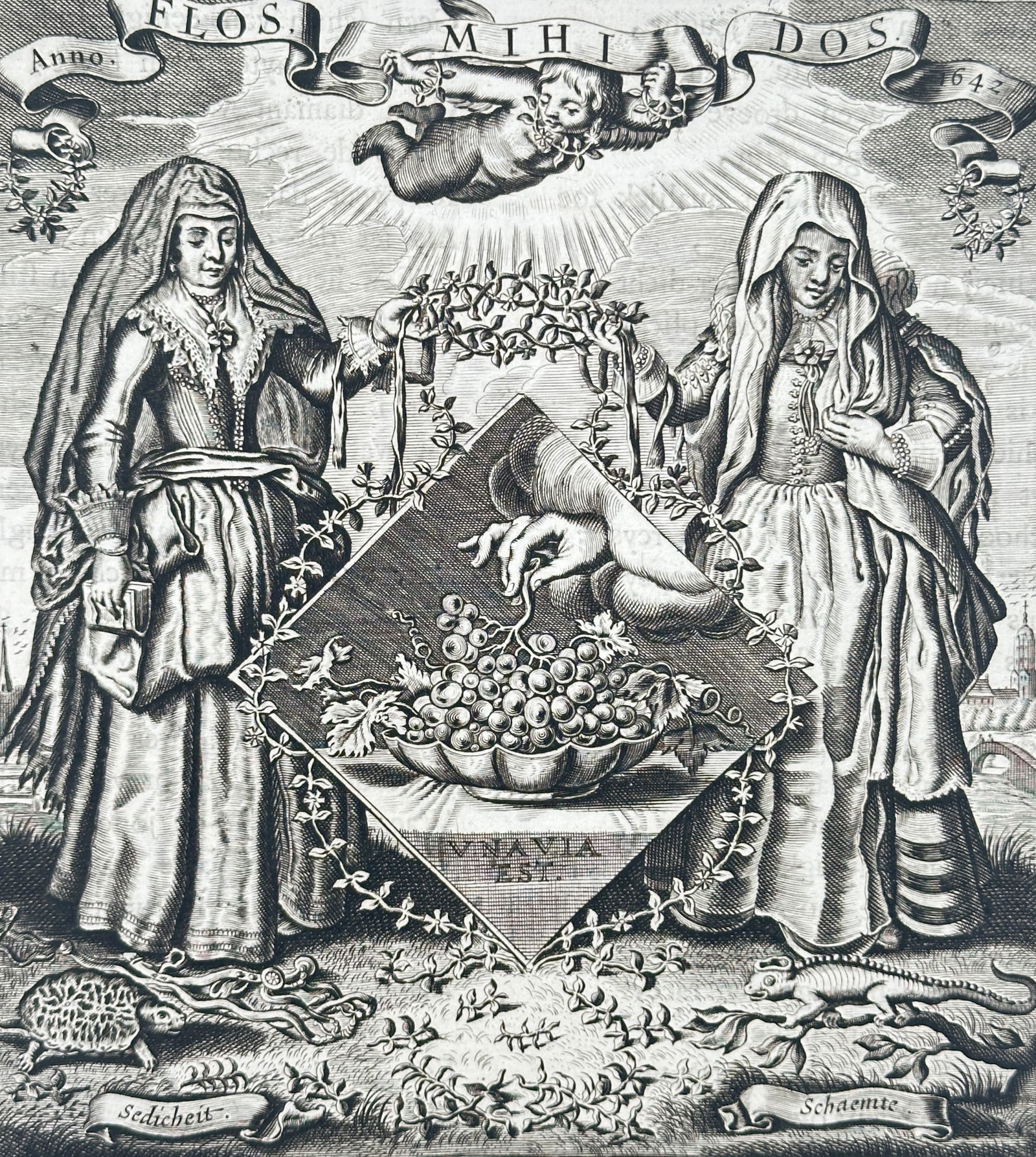Jacob Cats – Divisional Title Page with Allegorical Engraving for The Wooer – Engraving: This item is a printed page serving as the divisional title page for the Wooer/Suitor section, titled "Guide out of the Maze of Puppy-Love," in Jacob Cats’s popular work on marriage. The page featur