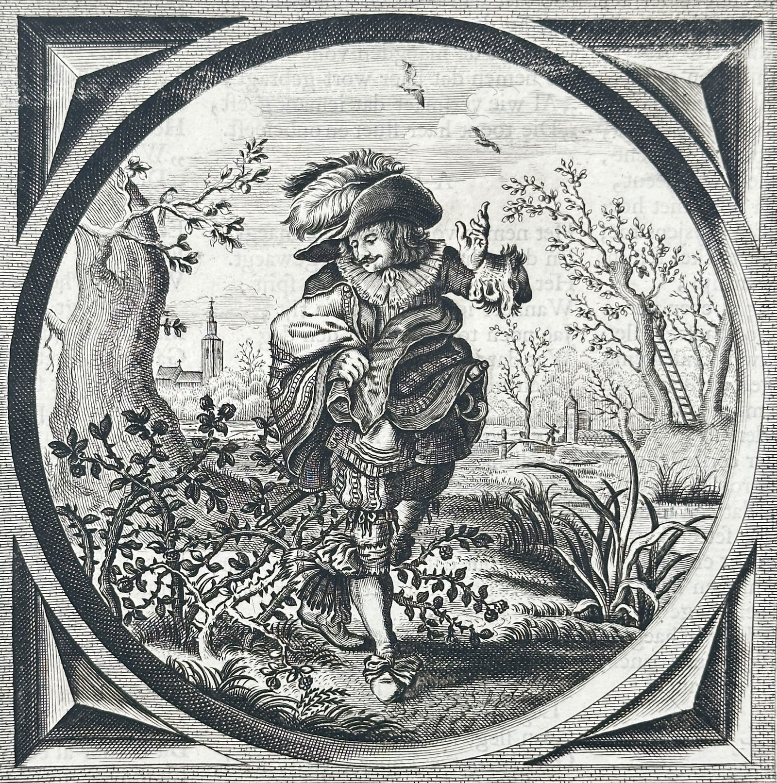 Jacob Cats – Printed Page with the Emblem of the Young Suitor – Engraving and Letterpress: This item is a printed page featuring a circular copperplate engraving that illustrates the theme of evaluating a young suitor. The image shows a handsomely dressed young man standing in a natural set