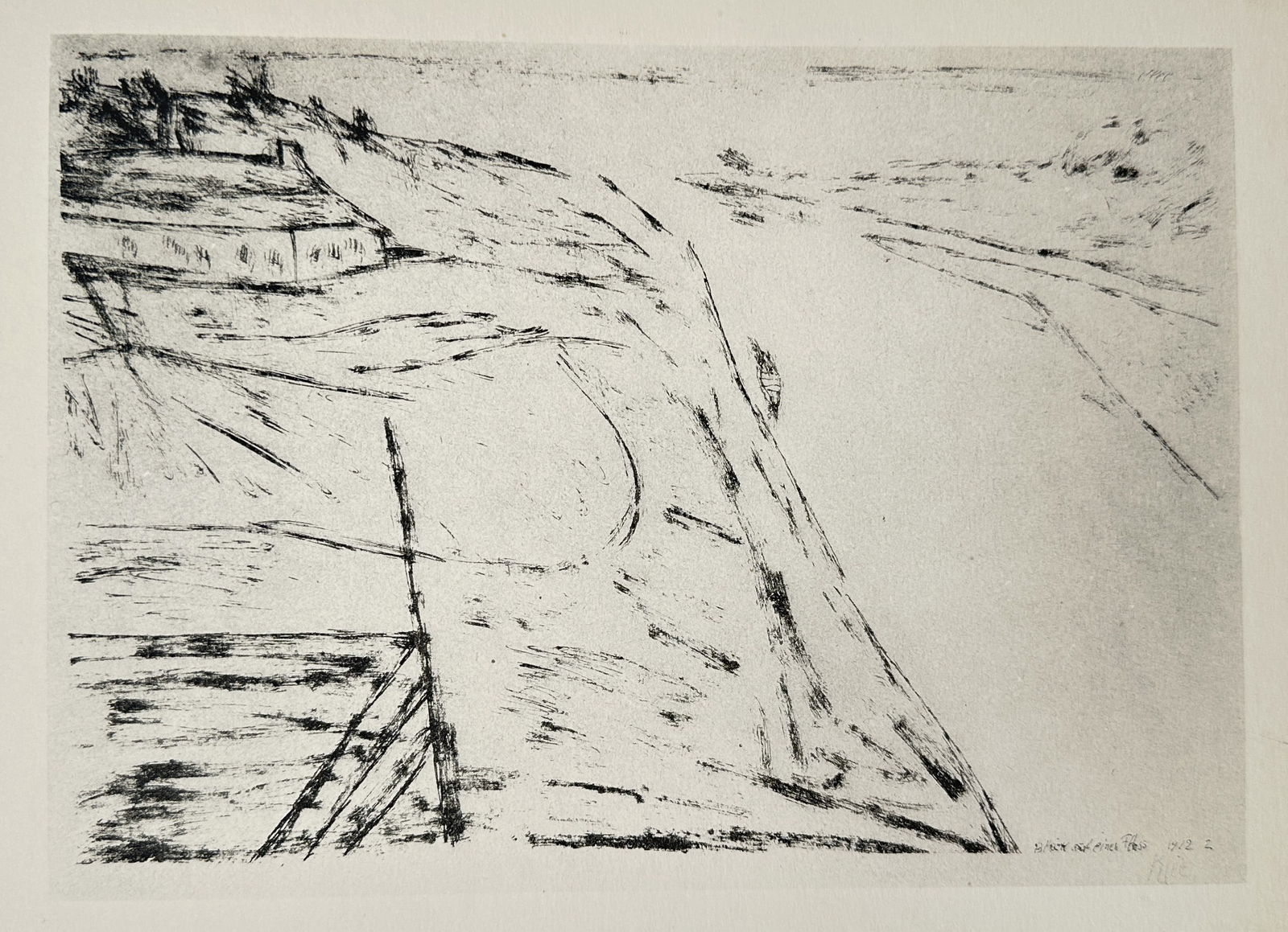 Paul Klee (1879–1940) – River View – Etching (1912): This etching presents an abstract and dynamic view of a river or coastal scene, executed with bold, expressive lines and textural masses of black ink. The print reflects Klee's graphic style during hi