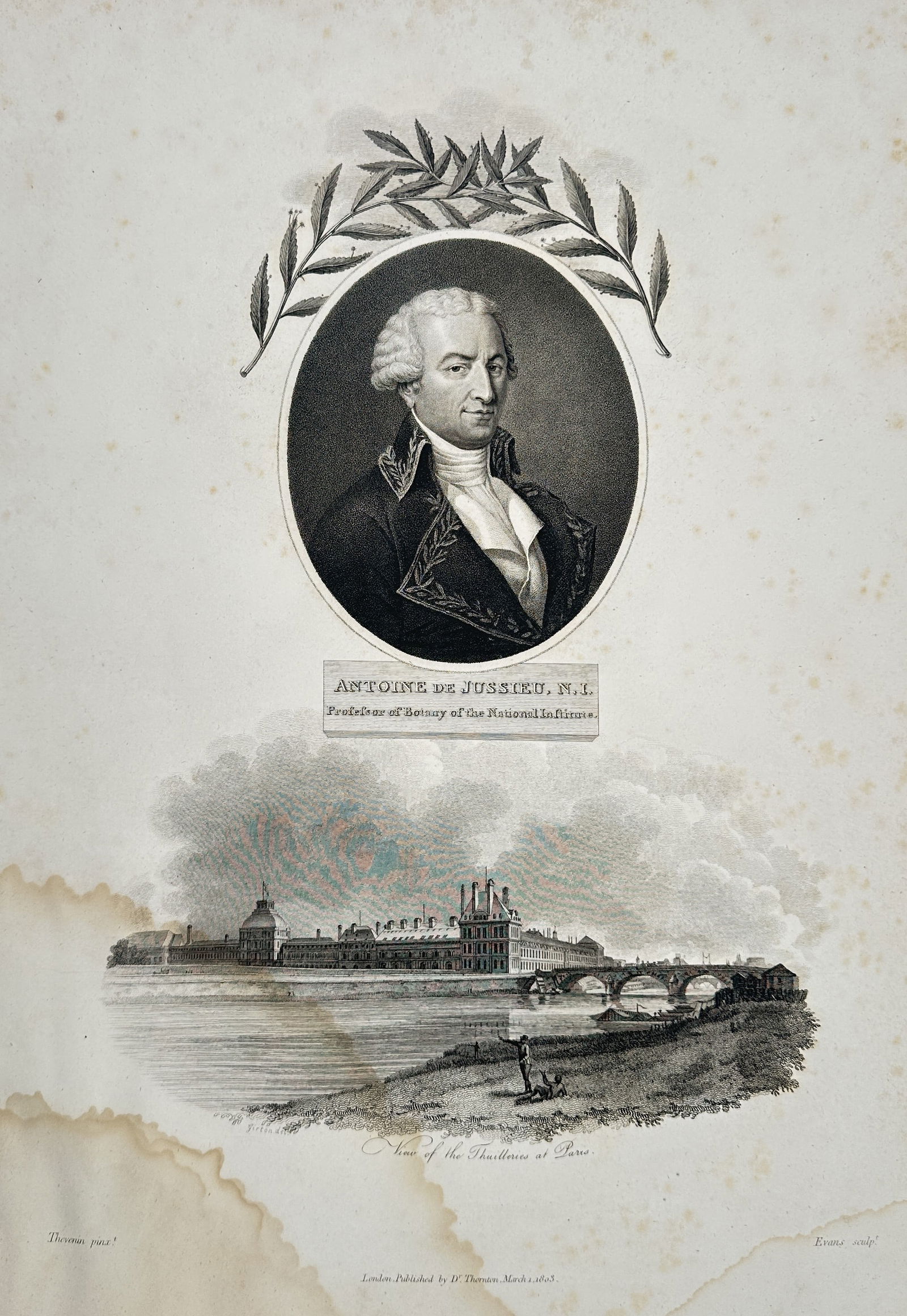 Robert John Thornton – Portrait of Antoine de Jussieu with a View of the Museum: This stipple and line engraving presents a commemorative portrait of the French botanist Antoine de Jussieu in an oval medallion framed by laurels. Below the portrait is a topographical vignette showi