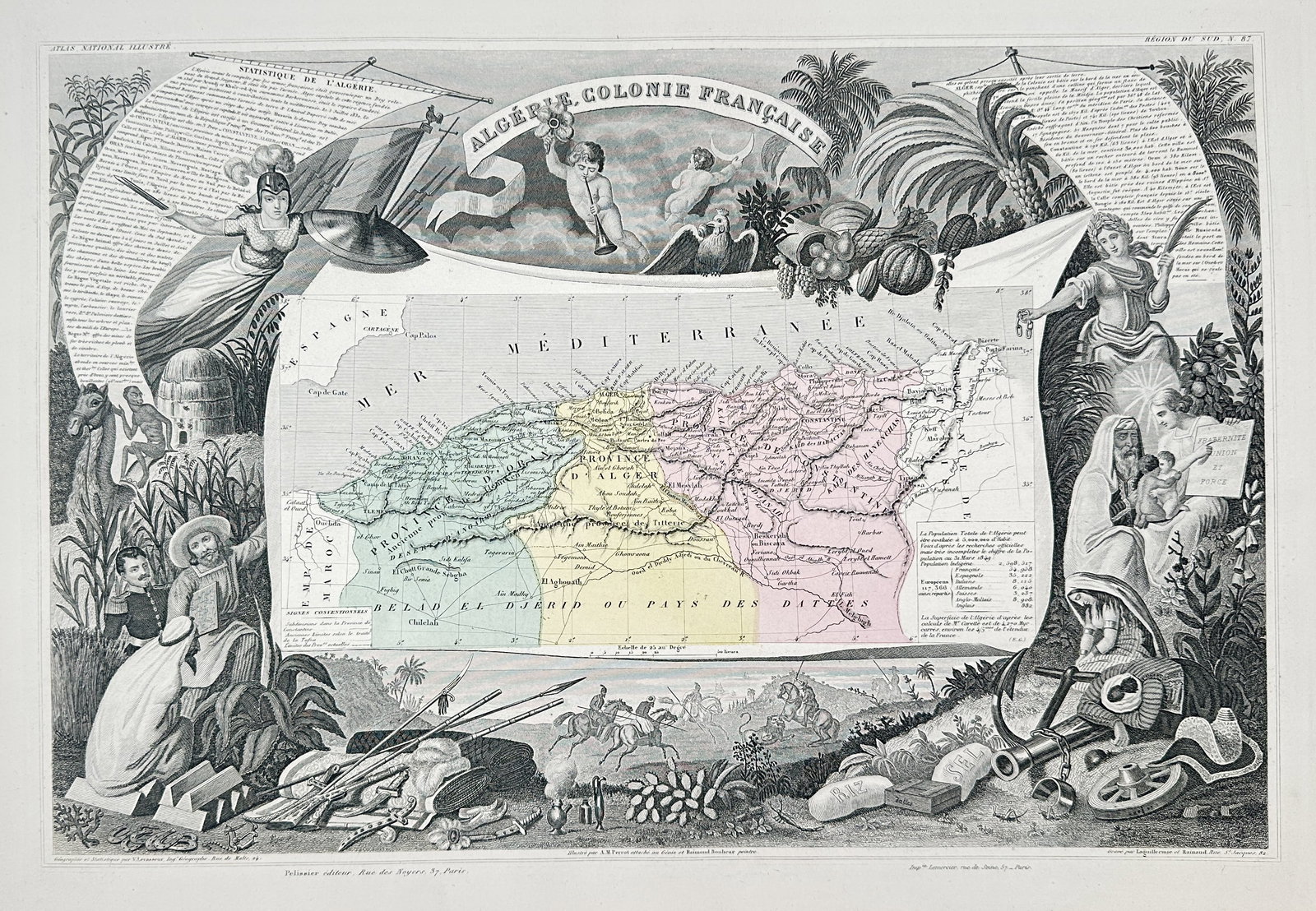 Victor Levasseur (1770–1852) – Map of Algeria, French Colony, North Africa: This hand-colored lithograph features a detailed map of Algeria, a French colony in North Africa, set within an elaborate decorative border (tableau statistique) that includes allegorical figures, sol