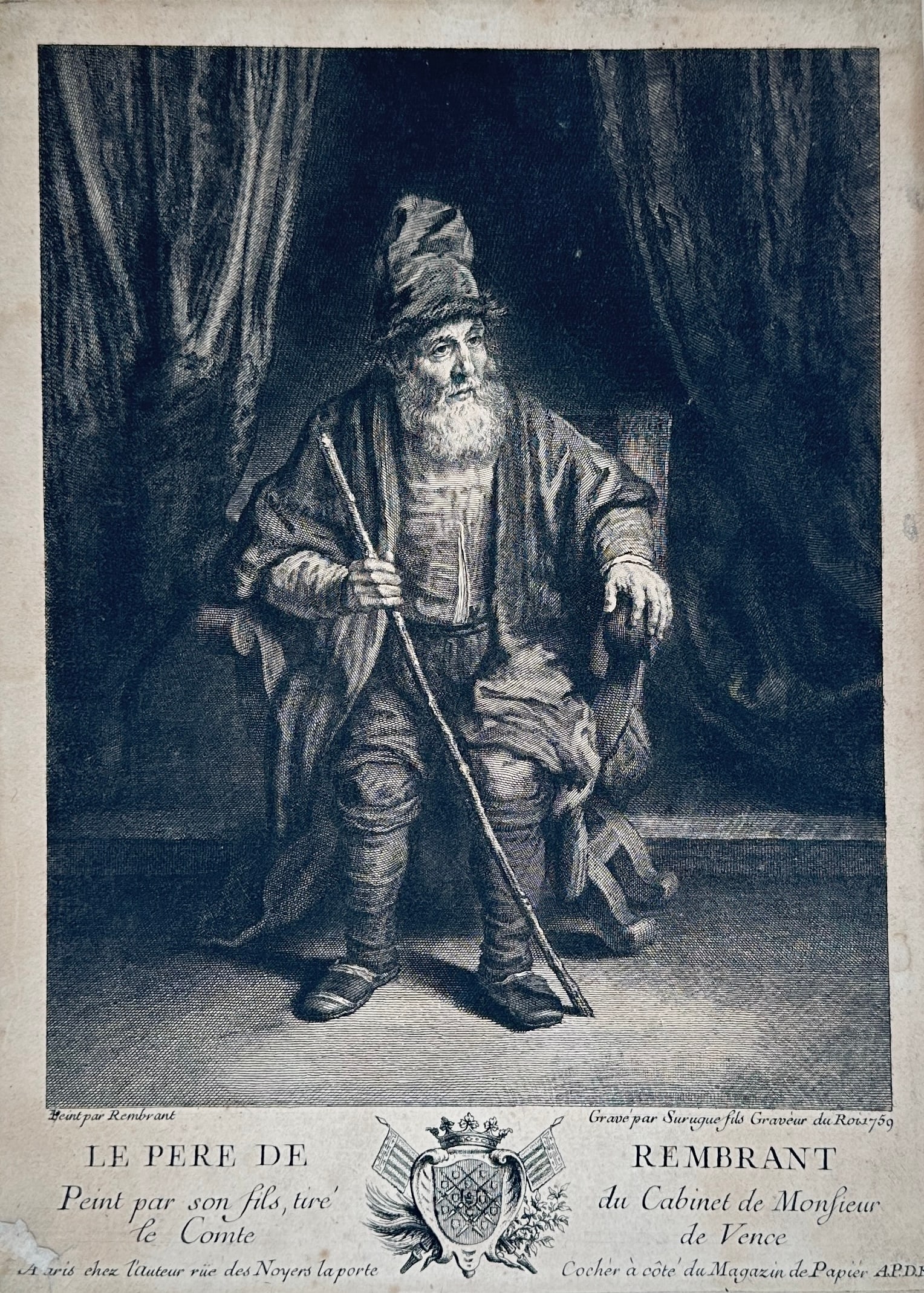 Rembrandt – Antique Engraving, Le Père de Rembrandt (Surugue fils after Rembrandt), c. 1759 (1 of 3)