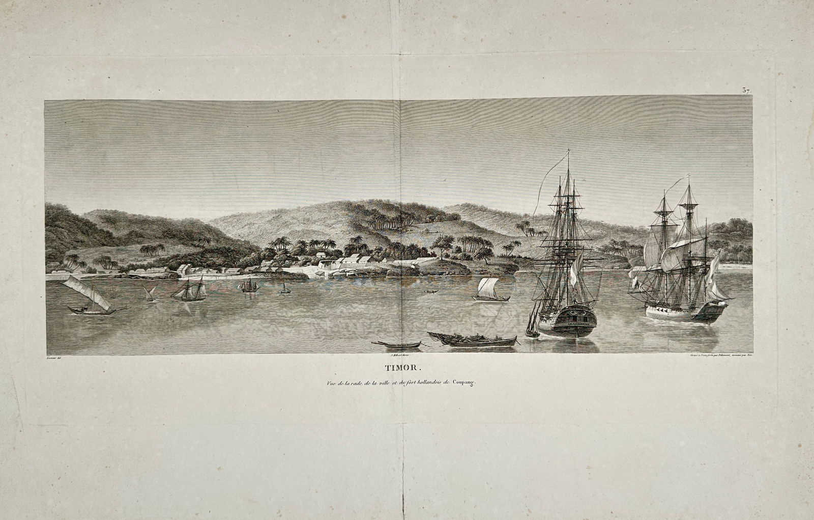 Dumont d’Urville – Antique Engraving, Timor (View of the Dutch Fleet), c. 1840: Impressive 19th-century antique engraving depicting Timor with Dutch vessels anchored along the coastline. The scene offers a detailed panoramic view of the island’s lush hills, clustered palm trees