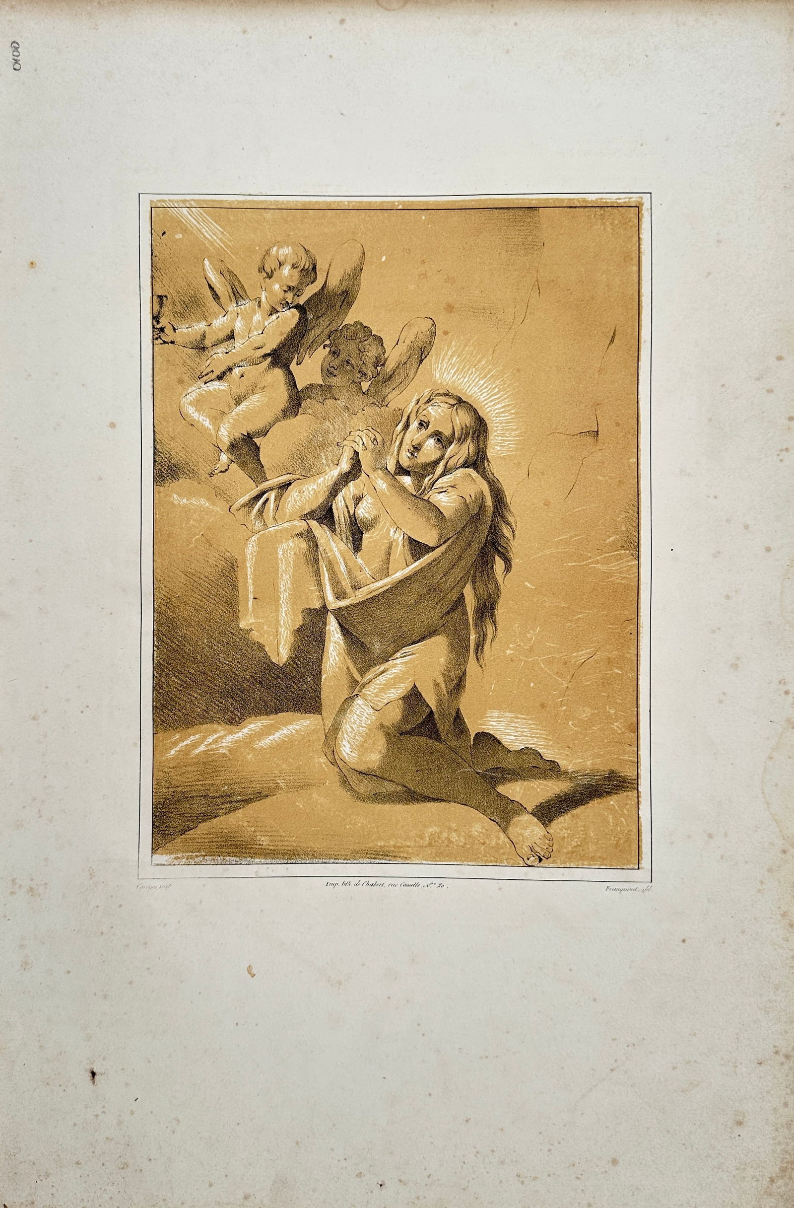 Franquelin – Antique Engraving, The Penitent Magdalene with Angels, c. 1820 (1 of 2)