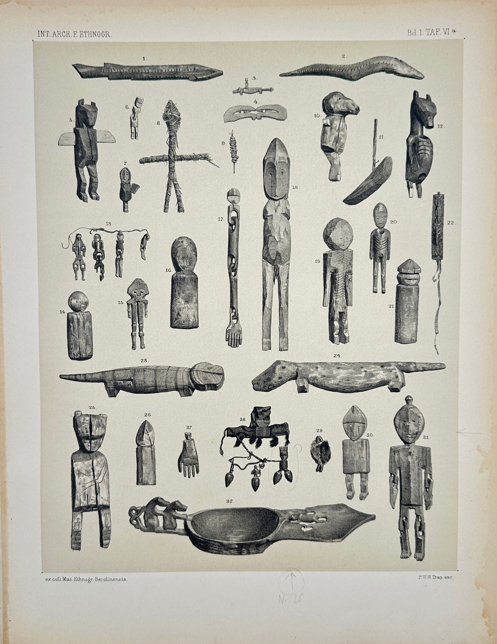 Antique Lithograph, Indigenous Carved Figures and Ritual Objects, c. 1890 (1 of 2)