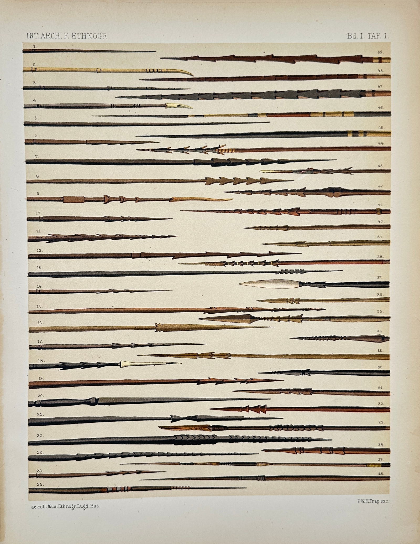 Antique Hand-Coloured Lithograph, Indigenous Spears and Arrowheads, c. 1890 (1 of 2)