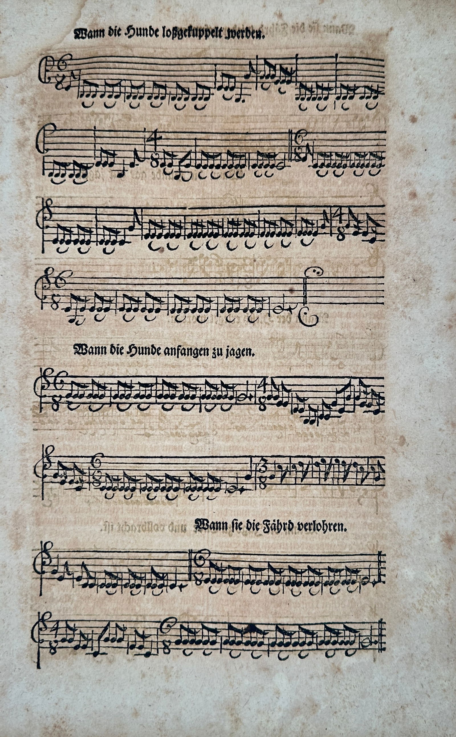 Early German Music Printing – Antique Sheet Music, Hunting Calls and Signals, c. eighteenth (1 of 2)