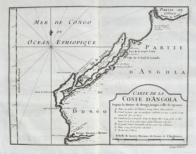 Jacques-Nicolas Bellin – Map of the Coast of Angola from the Bengo River: This detailed hydrographic map charts the coast of Angola, West Africa, encompassing the region between the Bengo River and the Quanza (Cuanza) River. The map prominently features the key Portuguese c