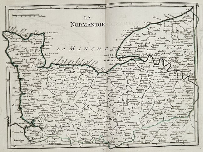 Georges-Louis Le Rouge – Map of La Normandie (Normandy, France): This hand-colored engraving is a map of the historical province of La Normandie (Normandy, France). The map details the region's geography, including its long coastline along the La Manche (English Ch