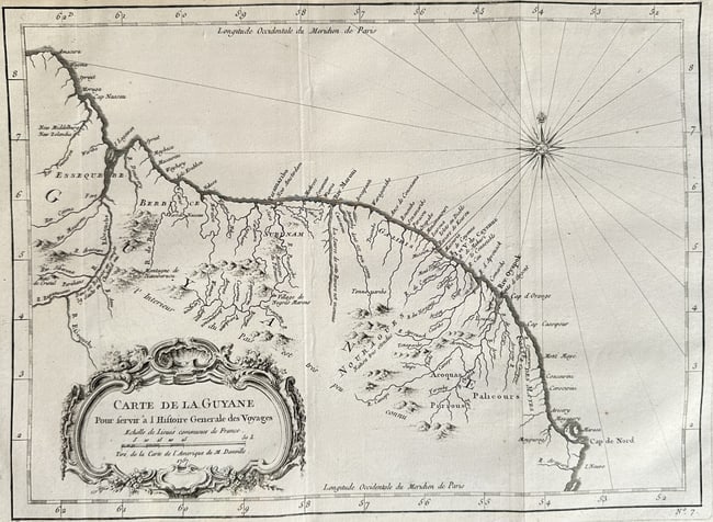 Antoine François Prévost (1697–1763) – Map of Guiana (Guyana, Suriname, French): This historically important engraving, titled Map of Guiana (Carte de la Guyane), is a highly detailed geographical representation of the colonies and territories along the northern coast of South Ame