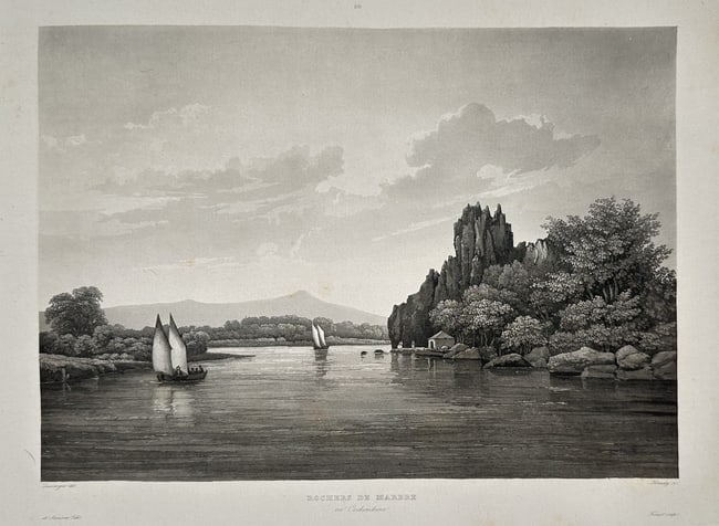 Barthélémy Lauvergne – Rocks of Marboe and Châteaugay (Auvergne) – Engraving: This detailed topographical engraving, titled Rochers de Marboe et Chateaugay (Rocks of Marboe and Châteaugay), depicts a romantic and picturesque river landscape. The scene is dominated by dramatic,