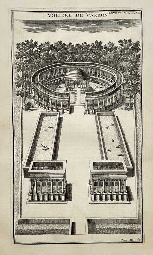 Bernard de Montfaucon (1655–1741) – Overhead View of Varro’s Aviary: This detailed engraving, titled "Volière de Varron" (Varro's Aviary), presents an idealized reconstruction of the pleasure aviary and associated dining areas built by the Roman scholar Marcus Terenti