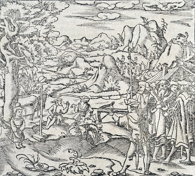Sebastian Münster (1488–1552) – Battle or Confrontation in the German Lands: This historical illustration depicts a scene of medieval conflict, showing two groups of knights and soldiers engaged in a battle within a rugged, hilly landscape. The image emphasizes the dramatic ac