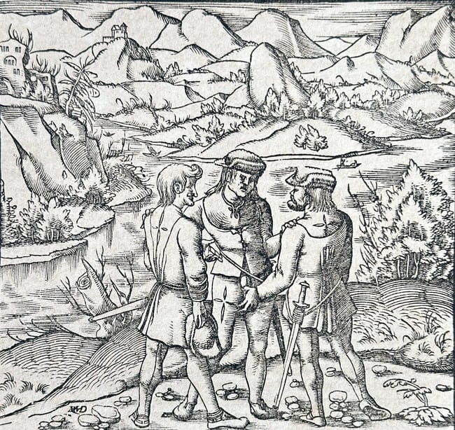 Sebastian Münster (1488–1552) – Noblemen and Peasant Figures in a Mountainous (1 of 3)