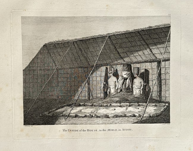 John Webber (1751–1793) – The Inside of the House, in the Morai, in Atooi: This engraving, titled The Inside of the House, in the Morai, in Atooi, is a rare and highly detailed interior view of a religious structure (morai or heiau) on Kauai in the Hawaiian Islands (Oceania)