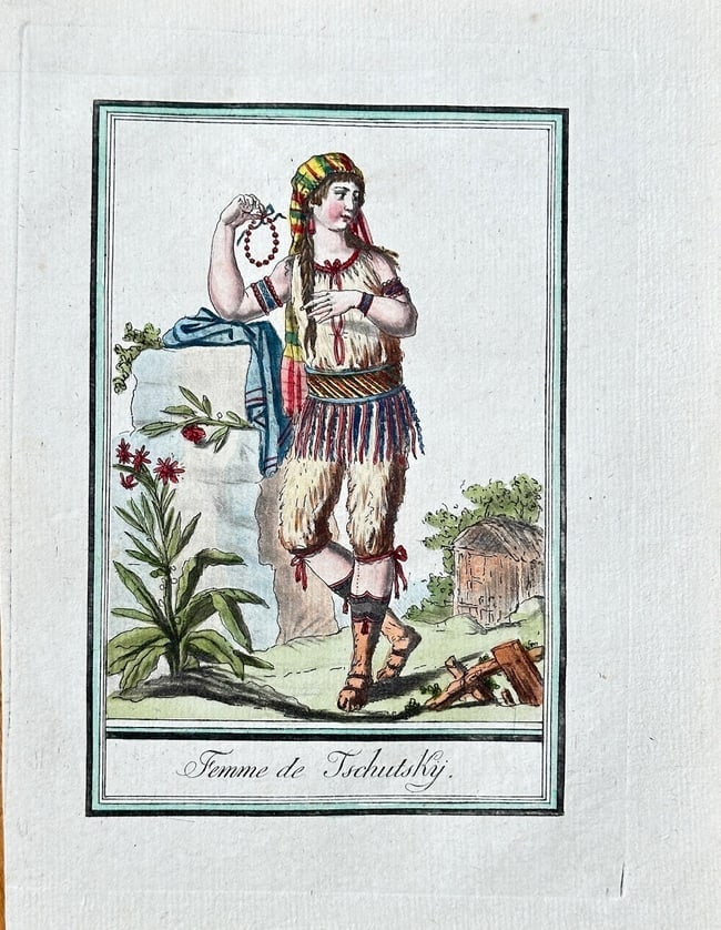 Jacques Grasset de Saint-Sauveur (1757–1810) – Woman of the Chukchi People: This hand-coloured engraving, titled "Femme de Tschutsky" in French, depicts a woman of the Chukchi people from the Russian Far East. The figure is shown in a standing pose, holding a string of beads 