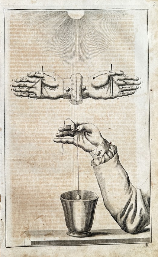 Unknown Artist – Experiments with Magnetism and Pendulum – Engraving (Circa 1750: This engraving illustrates two distinct scientific experiments or principles. The upper section demonstrates the idea of magnetism or attraction, depicting two hands joined or attracted to each other 