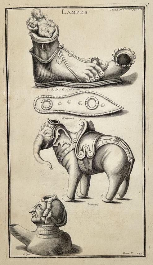 Bernard de Montfaucon (1655–1741) – Ancient Lamps from Antiquity Explained: This detailed engraving, titled "LAMPES" (Lamps) and bearing the notation Tome V. is an illustration from Bernard de Montfaucon’s monumental work, L'Antiquité expliquée et représentée en figures