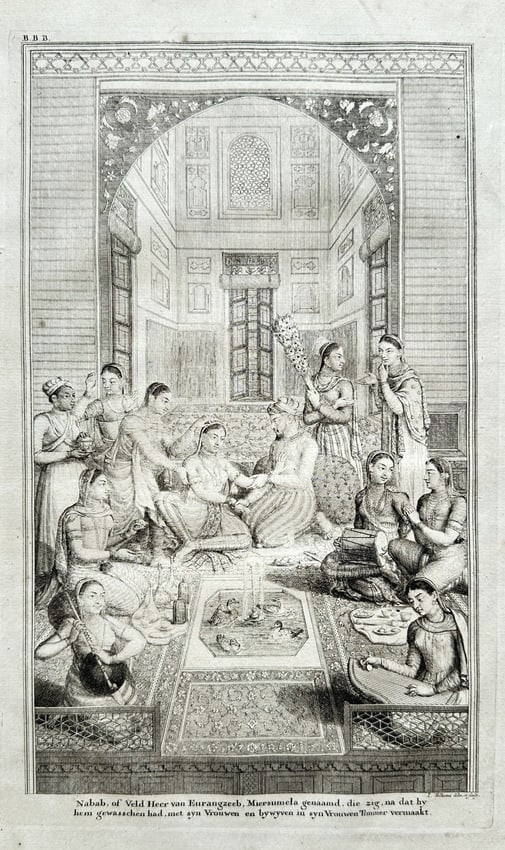 François Valentijn (1666–1727) – Mogul Emperors' Court / Nabob in his Chamber: This detailed engraving, depicting an elaborate interior scene, showcases the Mogul Emperors' Court in Hindustan. The print illustrates a Nabob (Moersoula), identified as a Field Lord of Aurangzeb, se
