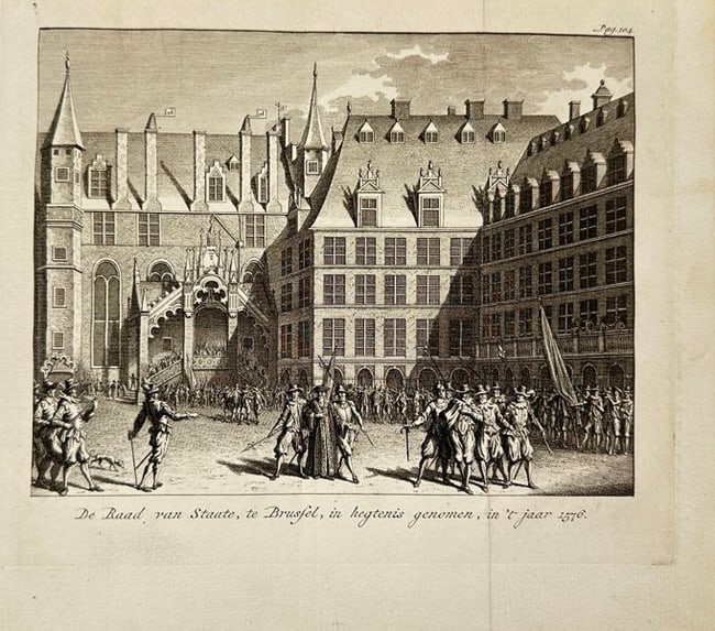 Simon Fokke – Council of State Arrested on 4 September 1576 in Brussels – Engraving: This engraving by Simon Fokke depicts the historic event of the Council of State being arrested on 4 September 1576 in Brussels. The detailed scene shows figures in period attire gathered in a courtya