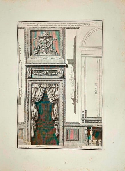 Giocondo Albertolli & Giacomo Mercoli - Neoclassical Interior with Chimneypiece: This large-format copper engraving presents a refined neoclassical interior featuring a richly adorned chimneypiece, framed by decorative pilasters, festoons, and architectural panels. The composition