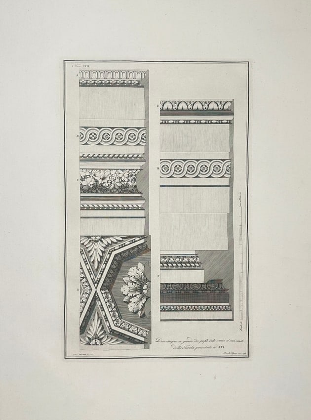 Giocondo Albertolli – Decorative Cornice Profiles and Rosette Ceiling Panel: This architectural plate features a sequence of cornice designs paired with a central ceiling rosette structured in a symmetrical "X" form. The integration of geometry and botanical motifs typifies th