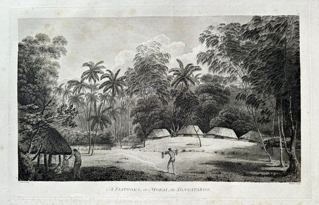 John Webber (1751–1793) – A Fiatooka, or Morai, in Tongataboo – Engraving (1784): This detailed ethnographic and topographical engraving, titled A Fiatooka, or Morai, in Tongataboo, illustrates a Morai (mala'e), a sacred enclosure and burial site for chiefs on Tongatapu, Tonga (Oce