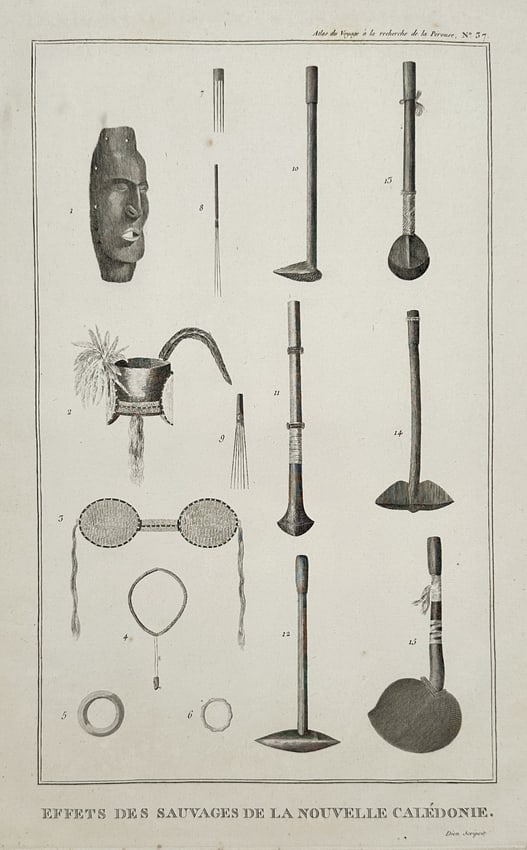 Claude-Marie-François Dien – Effects of the Indigenous People of New Caledonia: This copperplate engraving, Plate 37 from the atlas, is a detailed ethnographic study titled Effects of the Indigenous People of New Caledonia. The plate displays numerous numbered artifacts, includin