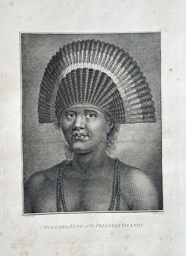 John Webber (1751–1793) – Poulaho, King of the Friendly Islands – Engraving: This striking ethnographic portrait captures Poulaho, the paramount chief (or King) of the Friendly Islands (now Tonga). The subject is shown wearing an elaborate, large, fan-shaped headdress made of