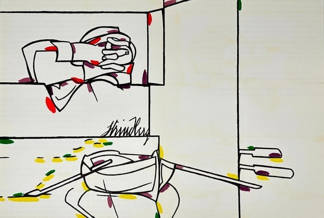 Valerio Adami – Untitled (Interior Scene) – Lithograph: This lithograph by Valerio Adami was created for the 1970 edition of Derrière Le Miroir (No. 188), published by Maeght Éditeur in Paris. Adami’s distinctive style — characterized by bold black o